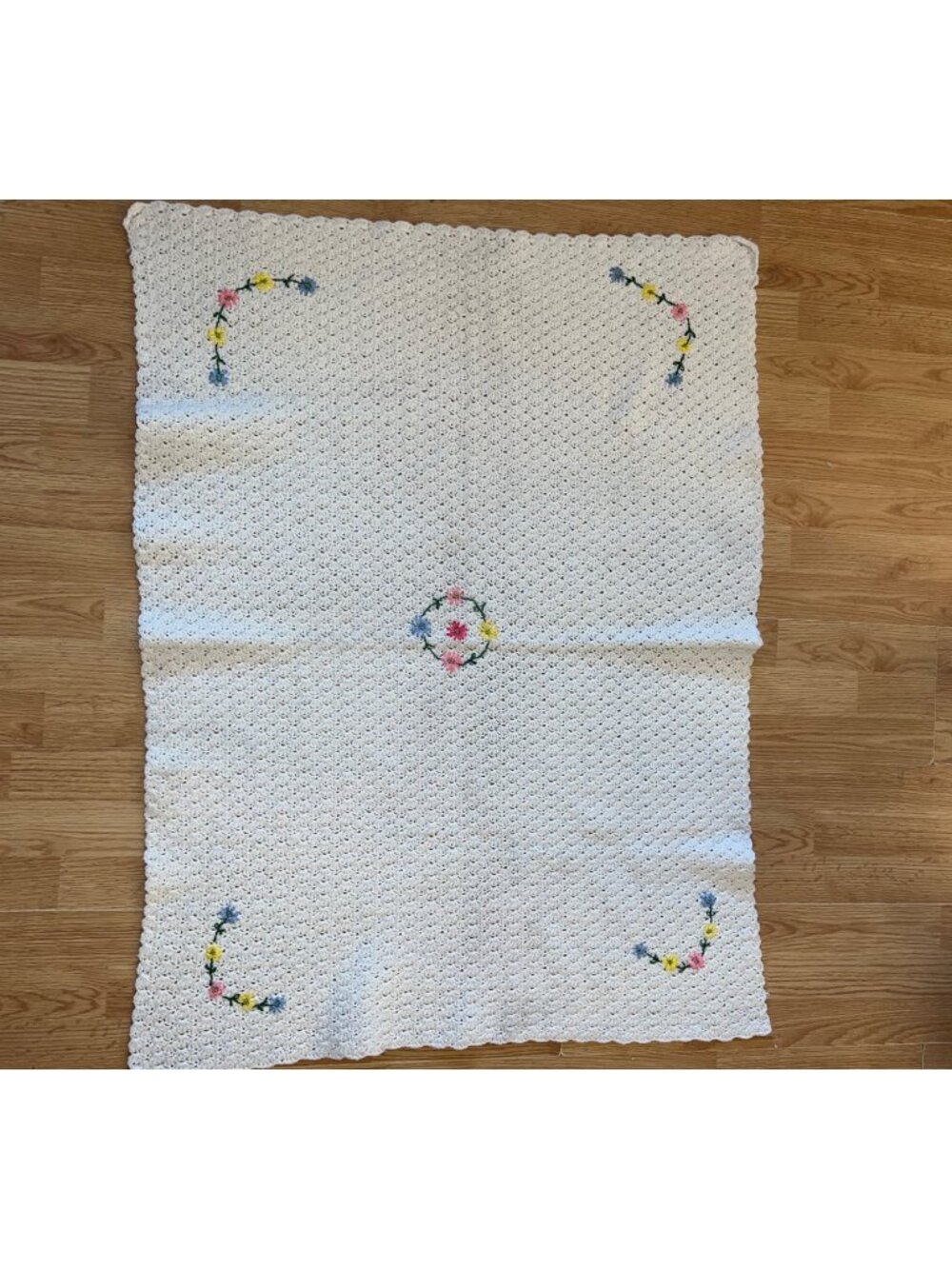 Handmade Vintage White Crochet Blanket Floral Embroidery 40”x30” Nursery Pastel